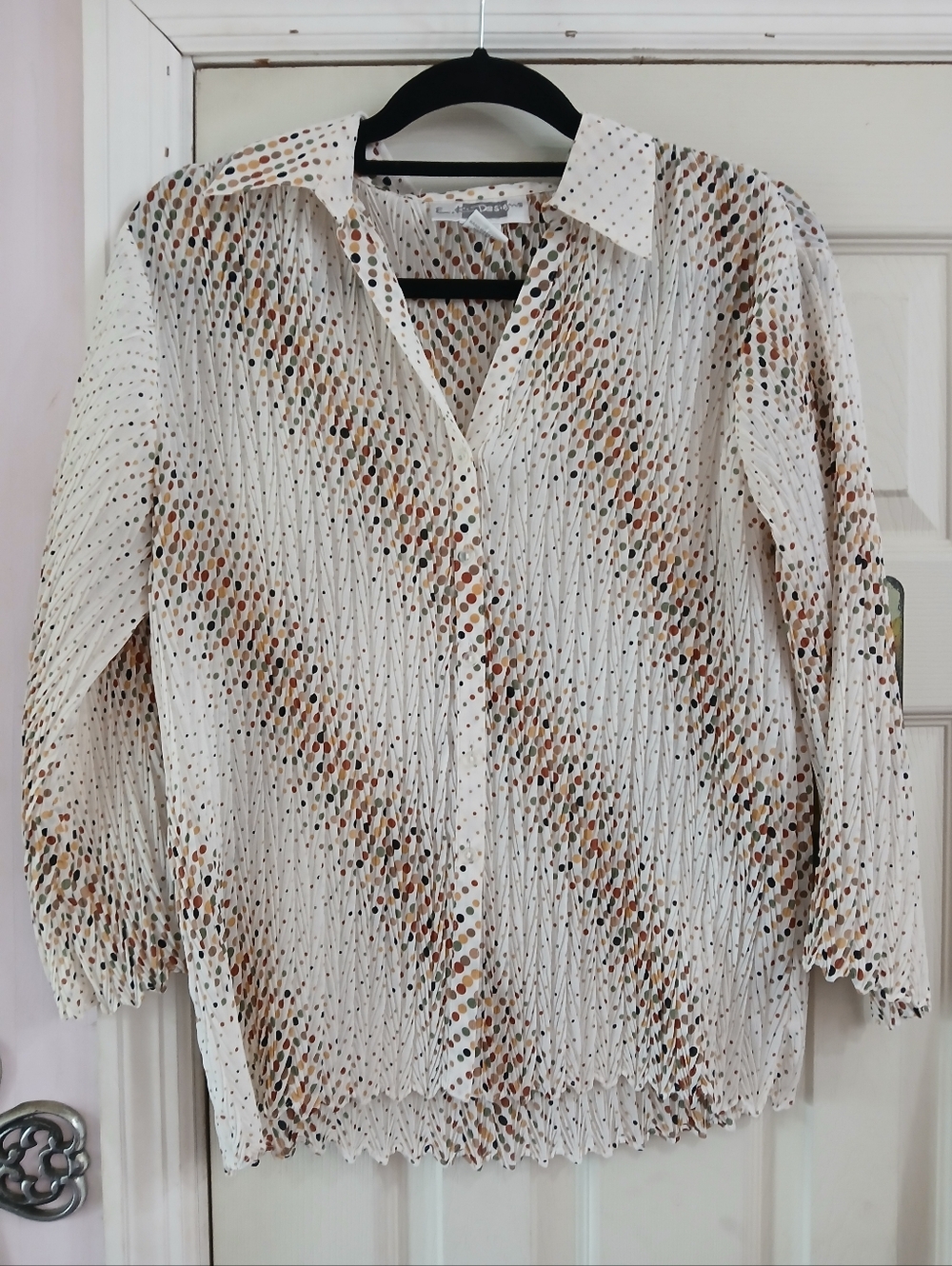 VTG EK Designs Large Sheer Button Down Top Ivory Polka Dot 3/4 Sleeve Accordian